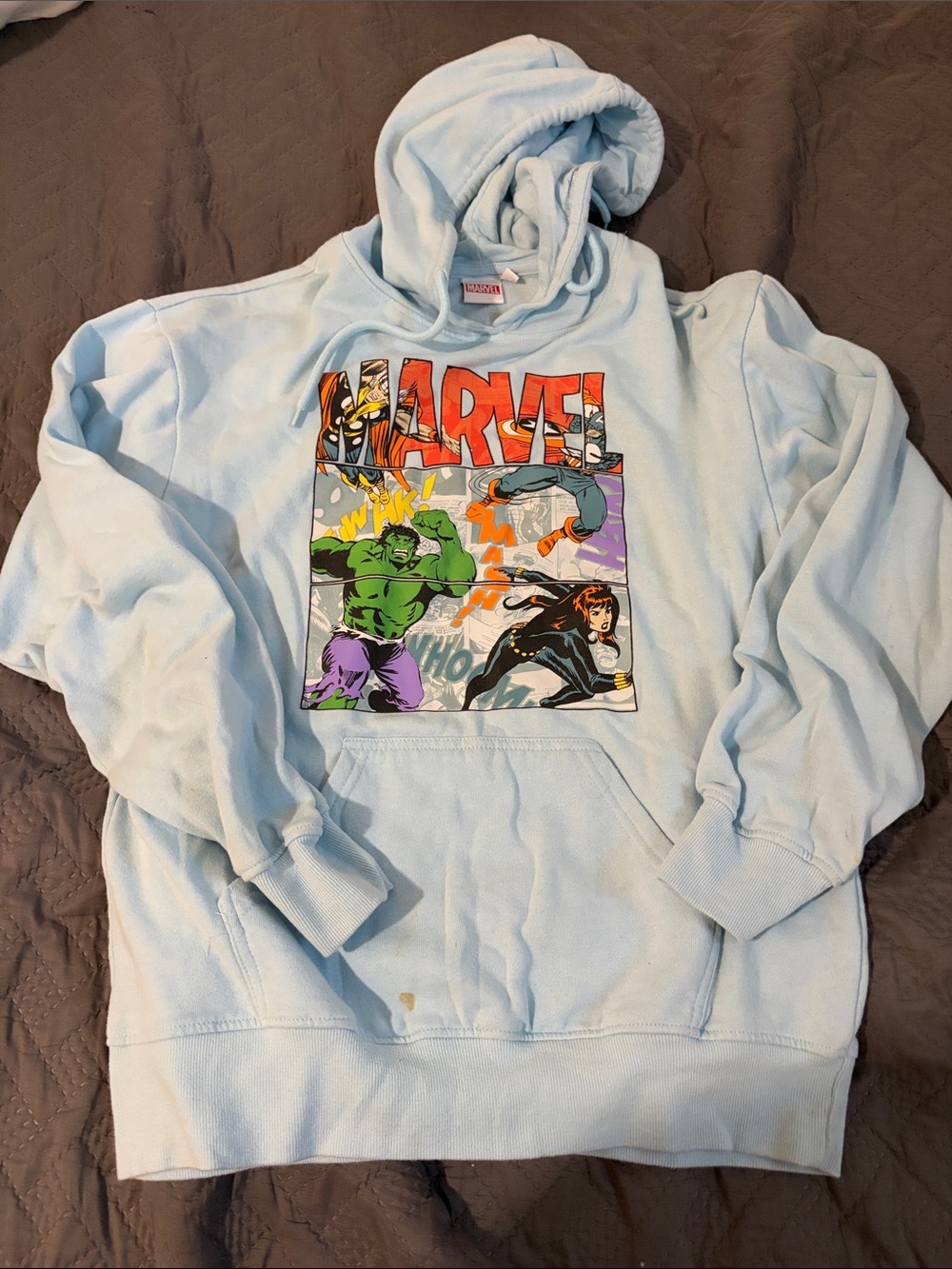 Marvel Light Blue Hoodie with Colorful Comic Panel Print